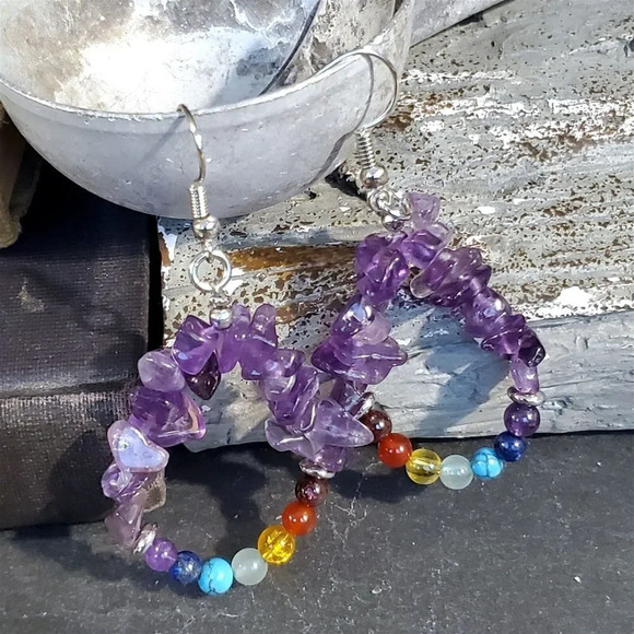 Amethyst 7 Chakras Yoga Om Zen Mindful Gemstone Beads Teardrop Earrings - Picture 2 of 10